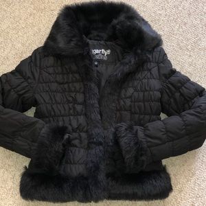 Sugarfly faux fur puffy jacket size S zip pockets hook closure warm & cozy
